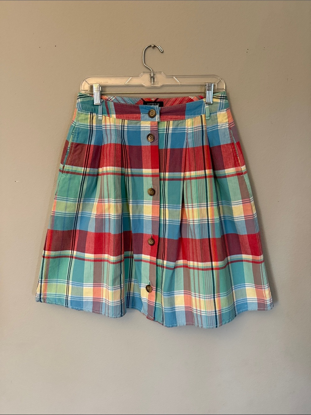 Plaid Button-Front A-Line Cotton Skirt in Multi with Pockets